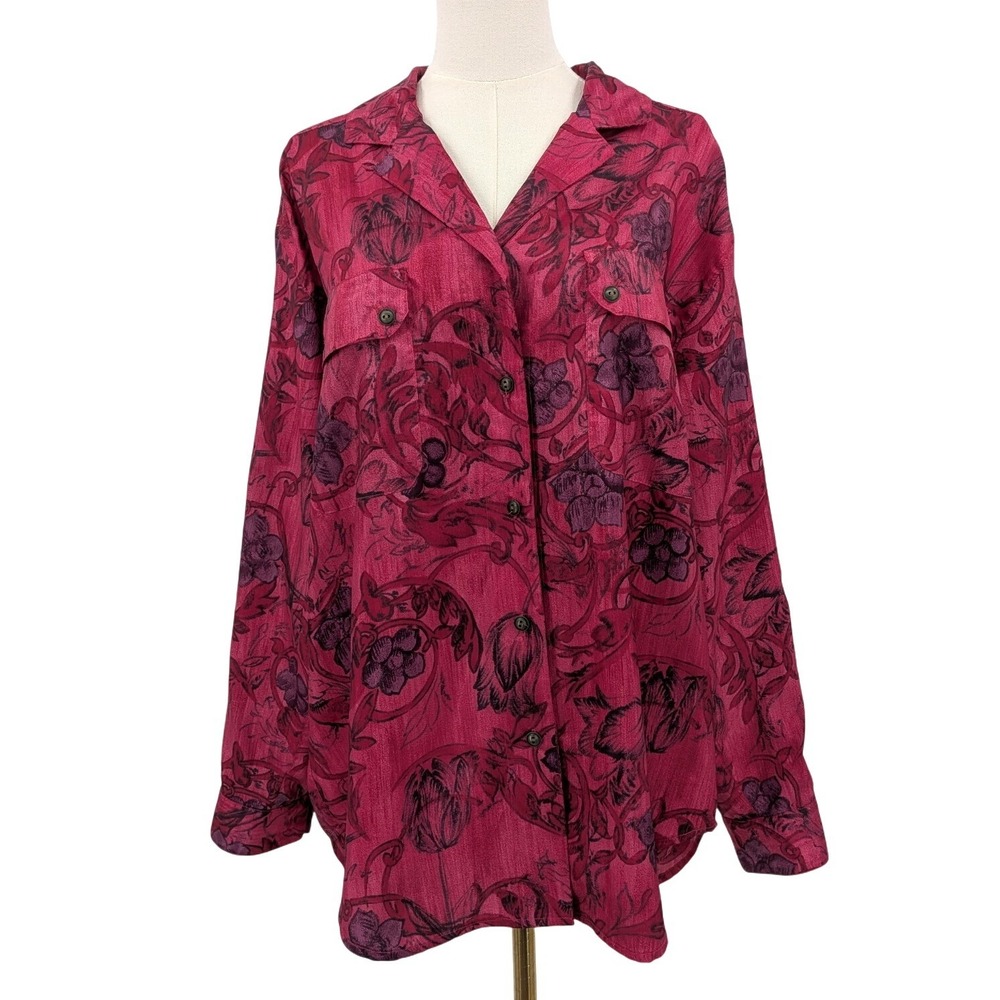 Vintage Leslie‎ Fay Sport Floral Button Up Blouse Size 14 Cottagecore Pink